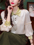 Ladies Silky Lapel Lantern Sleeve Patchwork Shirts