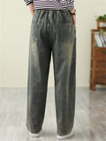 Women's Vintage Autumn Patchwork Casual Blue Denim Pants