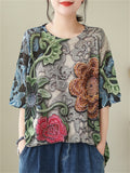 Women's Vintage Floral Print Rhinestone Hollow Out Half Sleeve Shirt