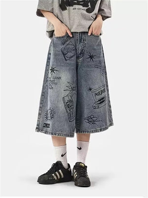 Women's Street Hip Hop Graffiti Wide Leg Cropped Jeans