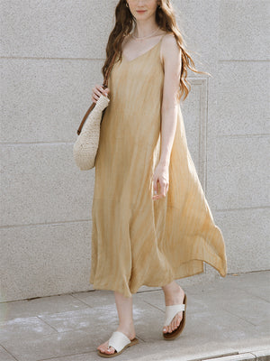 Elegant Apricot V Neck Sleeveless Flowy Tencel Dress for Women