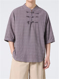 Men's Chinese Style Stand Collar Short Sleeve Linen Plaid Shirt