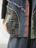 Women's Retro Patchwork Sleeveless Hooded Denim Jacket