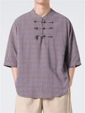 Men's Chinese Style Stand Collar Short Sleeve Linen Plaid Shirt