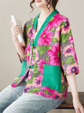 Rose Red Floral Print Half Sleeve Button Shirt for Women