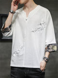 Men's Retro White Crane Embroidery V Neck 3/4 Sleeve Shirt