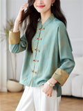 Female Stand Collar Vintage Jacquard Long Sleeve Shirt