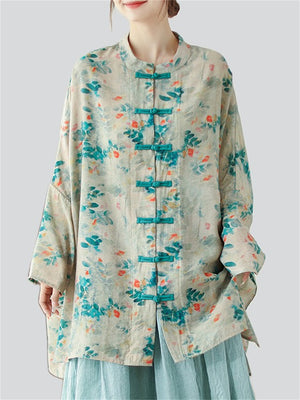 Women’s Ancient Style Green Leaf Print Knot Button Long Shirt
