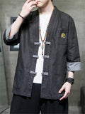 Men's Chinese Style Hanzi Embroidery 3/4 Sleeve Denim Shirt