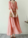 Women's V-Neck Ethnic Style Cotton Linen Side Pocket Dress