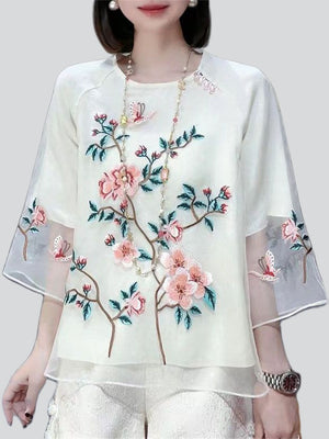 Female Spring Summer Butterfly Flower Embroidery White Mesh Shirt