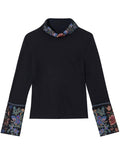 Vintage Peony Embroidery Black Slim Fit Shirt for Women