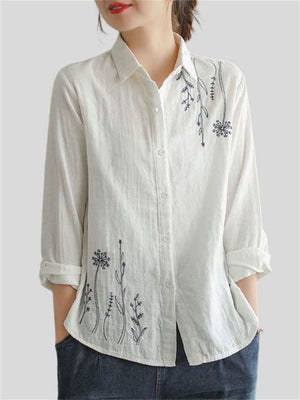 Floral Embroidery Spring Lapel Cotton Shirt for Women