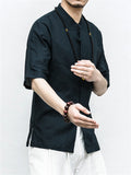 Men's Summer Vacation Stand Collar Button Short Sleeve Linen Shirt