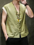 Men's Summer Cotton Linen Breathable Button Sleeveless Vest