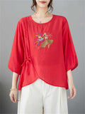 Female Chinese Fan Flower Embroidered 3/4 Sleeve Shirt