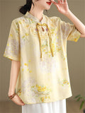 Ginkgo Leaf Print Stand Collar Tassel Button Female Shirt