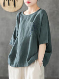 Chest Pocket Flower Embroidery Half Sleeve Loose Shirt for Women