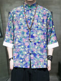 Multicolor Floral Printed Stand-Up Collar Shirt for Men