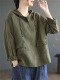 Plain Cotton Linen Long Sleeve Hooded Shirt for Women