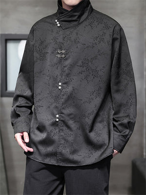 Men's Satin Jacquard Stand Collar Shirt with Metal Buttons