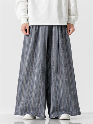 Men's Bohemian Cotton Linen Lace Up Striped Wide Leg Pants