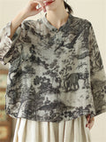 Women's Oriental Scenery Print Stand Collar Long Sleeve Shirt