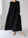 Oversized Round Neck Cotton Linen Pleated Dress for Lady