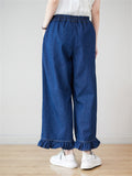 Women's Ruffled Leg Cuff Blue Straight Leg Jeans