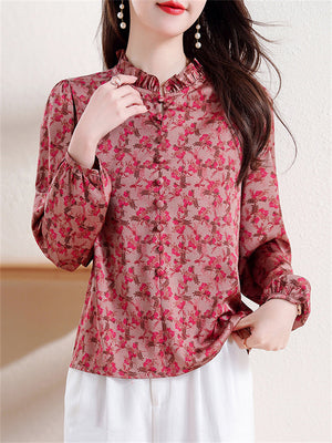 Retro Rose Red Floral Print Puff Sleeve Shirt for Ladies