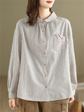 Female Popular Cotton Linen Button Up Pocket Striped Shirts