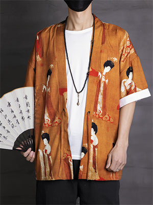 Men's Tang Dynasty Vintage Print Orange Lace Up Shirt