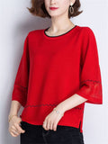 Women's Leisure Round Neck Hollow Out 3/4 Sleeve Shirt