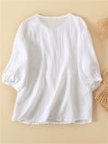 Retro Pleated Crew Neck Linen Short Sleeve Shirt for Female