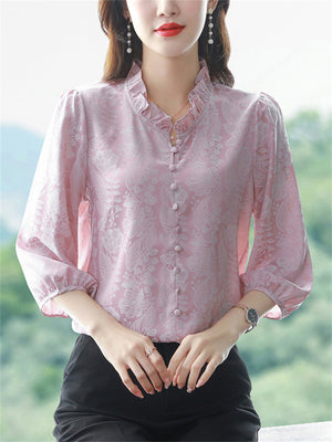 Elegant Puff Sleeve Floral Pattern Faux Silk Shirt for Women