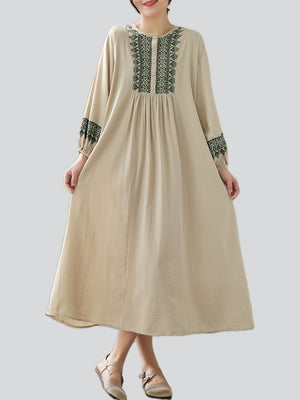 Female Geometric Embroidered Round Collar Half Placket Dress