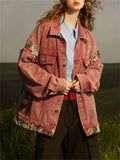 Women's Ethnic Patchwork Chest Pockets Button Up Denim Jacket