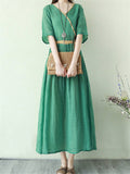 Women's V-Neck Ethnic Style Cotton Linen Side Pocket Dress