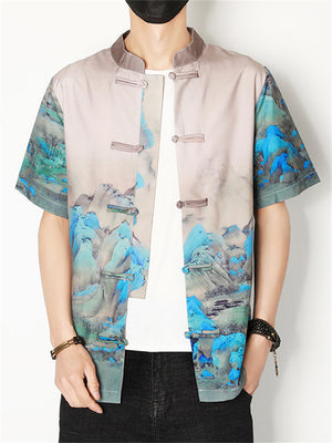Men's Chinese Style Tang Suit Summer Printed Short Sleeve Shirt