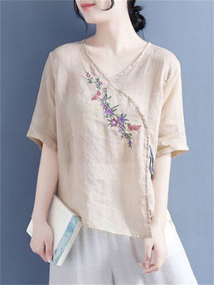 Elegant Retro Mini Floral Embroideried V Neck Shirt for Women