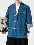 Men's Chinese Style Hanzi Embroidery 3/4 Sleeve Denim Shirt