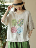 Summer Crew Neck Short Sleeve Cozy Linen Shirt for Women