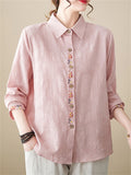 Female Chinese Floral Embroideried Lapel Button Up Linen Shirt