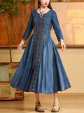 Women's Retro Hand-Embroidered Blue Denim A-Line Dress