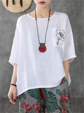 Chest Pocket Flower Embroidery Half Sleeve Loose Shirt for Women