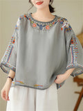 Ladies Ethnic Style Floral Embroidery Round Neck Shirts