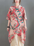 Vintage Red Plum Blossom Patch Pocket Irregular Hem Shirt for Women