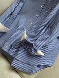 Stylish Blue Stripe Stand Collar Single-Breasted Shirt for Women