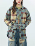 Spring Retro Contrast Color Plaid Long Sleeve Shirt for Women