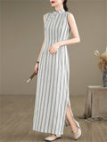 Lady Oriental Style Vintage Sleeveless Striped Cheongsam Dresses